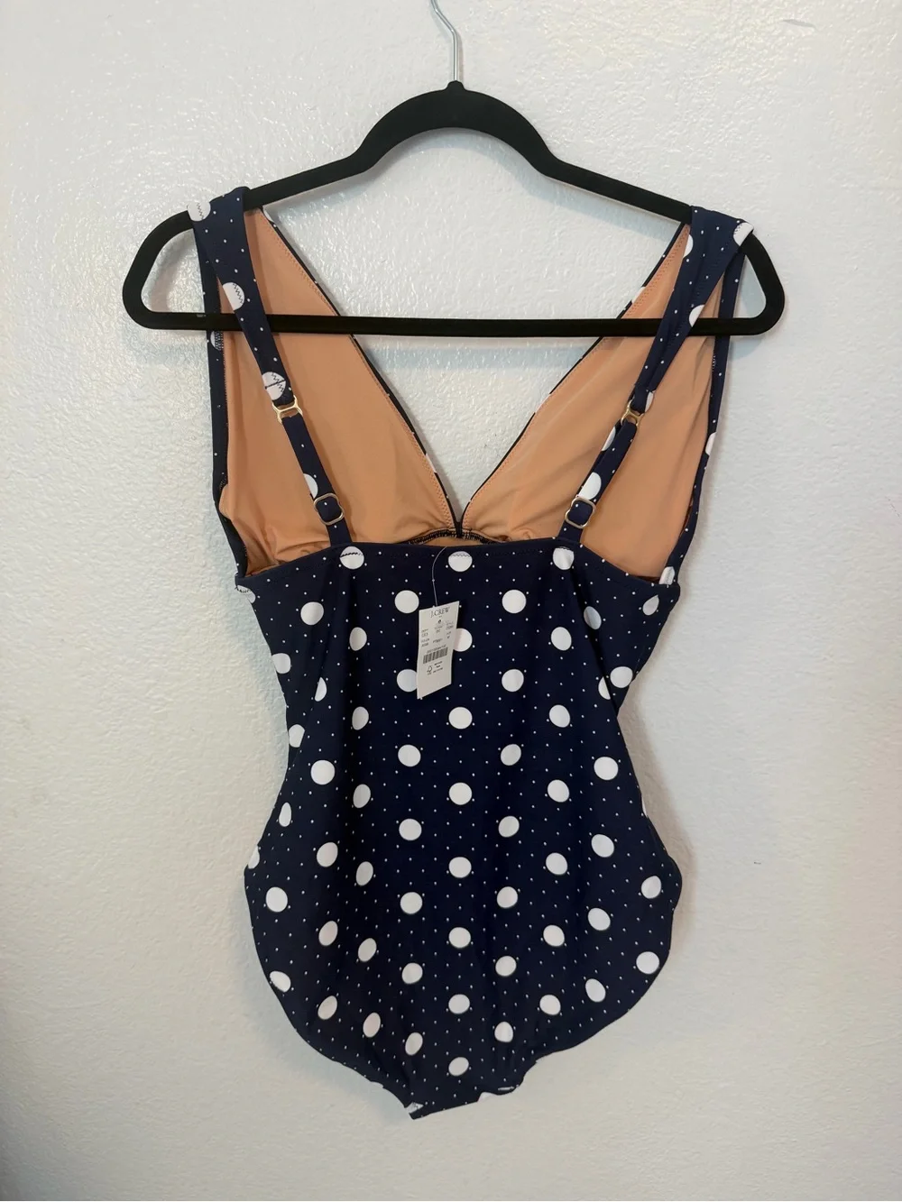 NWT J.Crew Factory Ruched Plunge One-Piece Swimsuit Navy White Polka Dot M